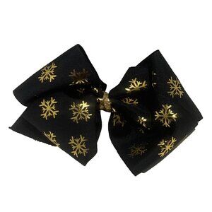 NEW Handmade Ribbon Hair Bow Black Gold Snowflake Fabric Christmas Dress Clip 7"